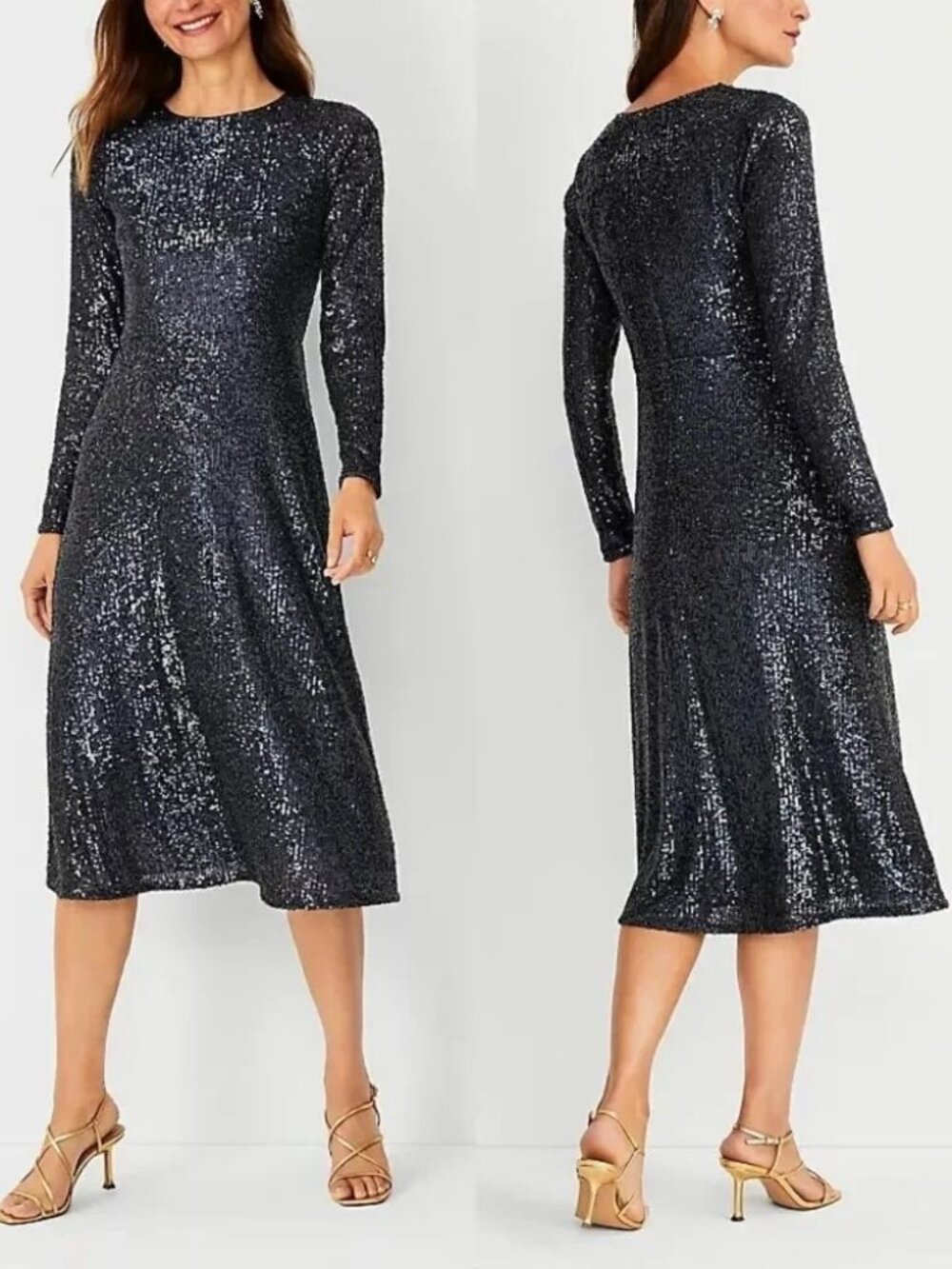 Ann Taylor Sequin Midi Flare Long Sleeve Dress in Navy SIZE 18